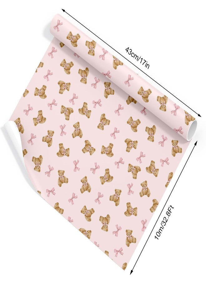 FYSUIMU Pink Bow Bear Wrapping Paper -Mini Roll- 17 Inch x 32.8 Ft Brown Bear Bow Knot Gift Wrap Paper Cute Pink Art Paper for Baby Shower Birthday Supplies - Image 3